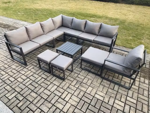 Fimous Modern L-Shape Aluminium Outdoor Garden Furniture Set in Dark Grey with Corner Sofa, Coffee Table and 3 Ottomans