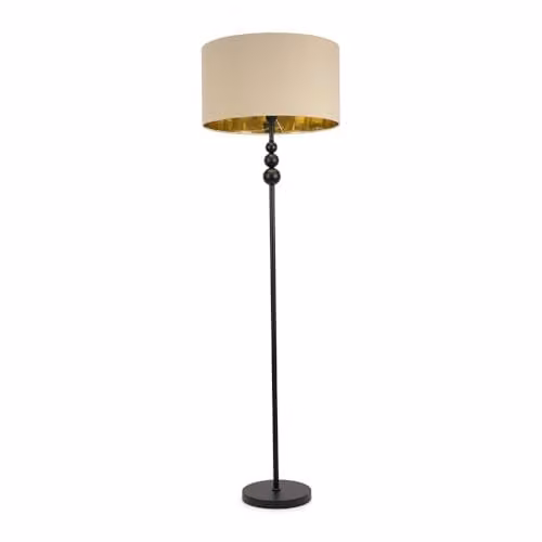 ValueLights Marissa Modern Black Stacked Ball Floor Lamp with Beige and Gold Fabric Shade