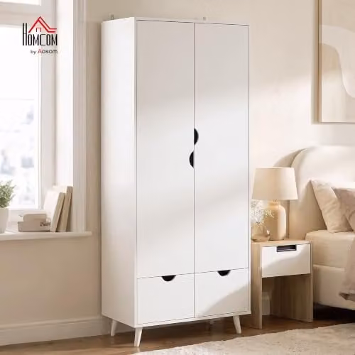 HOMCOM 2-Door Clothes Wardrobe with Hanging Rail, Internal Shelves and 2 Drawers, White, H 180 x W 80 x D 40 cm – 2