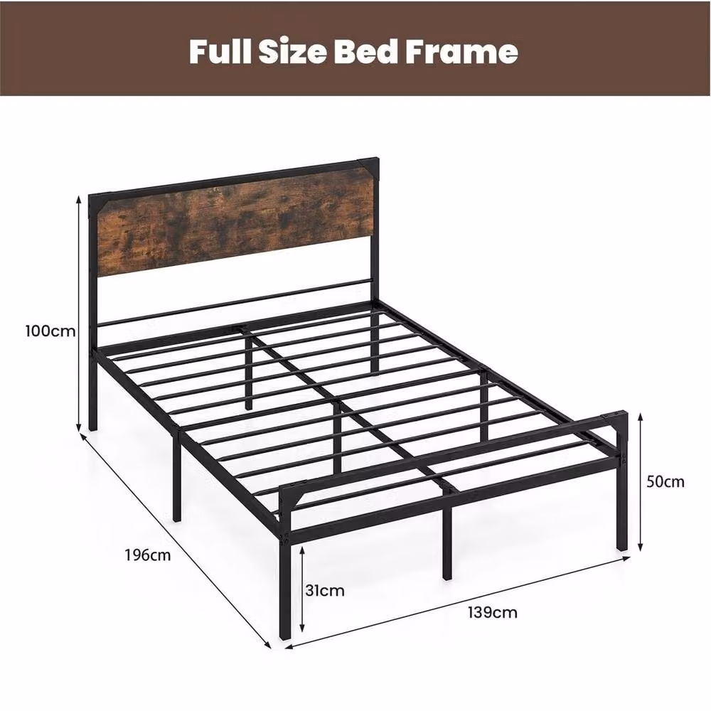 Havendro Industrial Metal Double Platform Bed Frame with Headboard, Black, 140 x 200 cm – 2