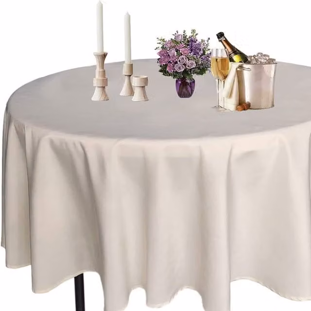 Neel Blue Premium Round Polyester Tablecloth in Ivory – 1