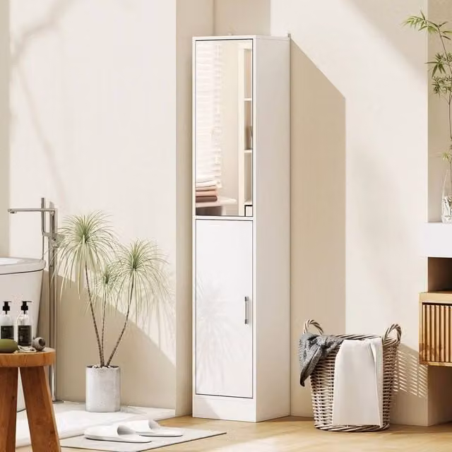 EONLION Tall White Mirrored Bathroom Cabinet with Hinged Glass Doors