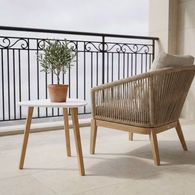 Noa and Nani Modern Round White Pine Wood Side Table for Garden, Terrace or Balcony