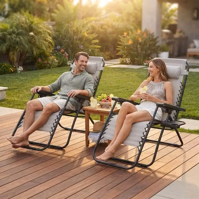 Alivio Set of 2 Heavy-Duty Zero Gravity Reclining Sunloungers in Light Grey with Adjustable Headrests and Cup Holders