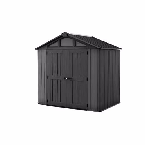 Keter Stronghold Heavy-Duty Resin Outdoor Garden Shed in Grey with Double Doors and Windows – 1