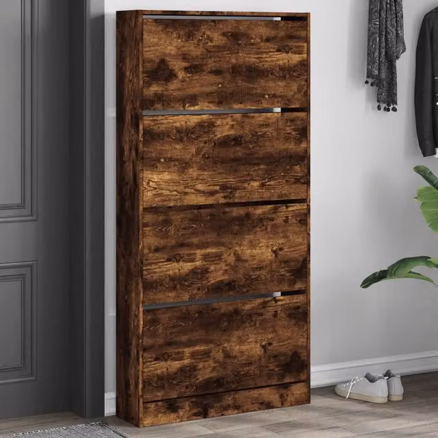 Berkfield Home Shoe Cabinet with 4 Tilting Compartments in Smoked Oak Brown, W: 80 cm, D: 21 cm, H: 163.5 cm