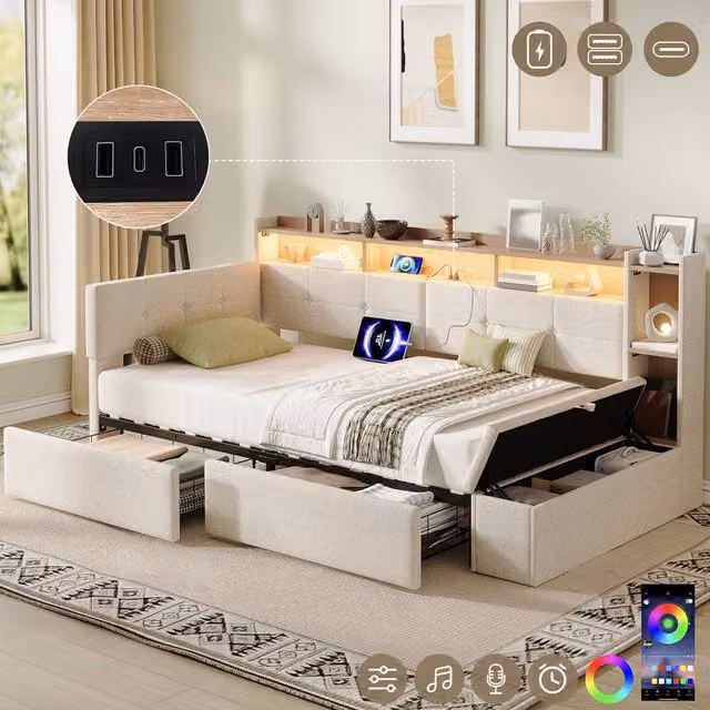 ModernLuxe Single Daybed in Beige with LED Lighting, USB Charging Port and Ottoman Storage Bench, W/D/H: 90 x 190 cm – 1