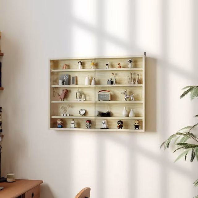 HOMCOM Wall Mounted Display Shelf Cabinet with Glass Doors in Oak