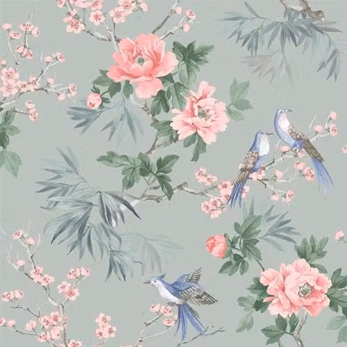 Rasch Amelie Chinoiserie Oriental Style Floral Wallpaper in Sage Green