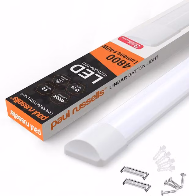 Paul Russells 4 Foot Slim LED Batten Light, 40W, 4800lm, 4000K, IP20, Cool White