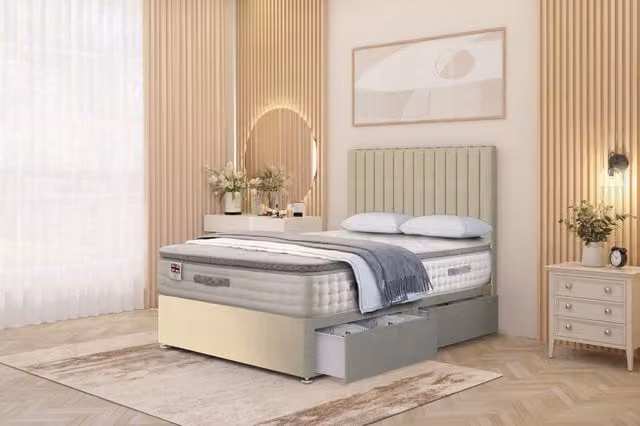Somnior Eleanor Linen 2 Drawer Divan Bed Set with Pillowtop and 54 inch Headboard in Beige and Gold, W/D/H: 200 x 200 cm
