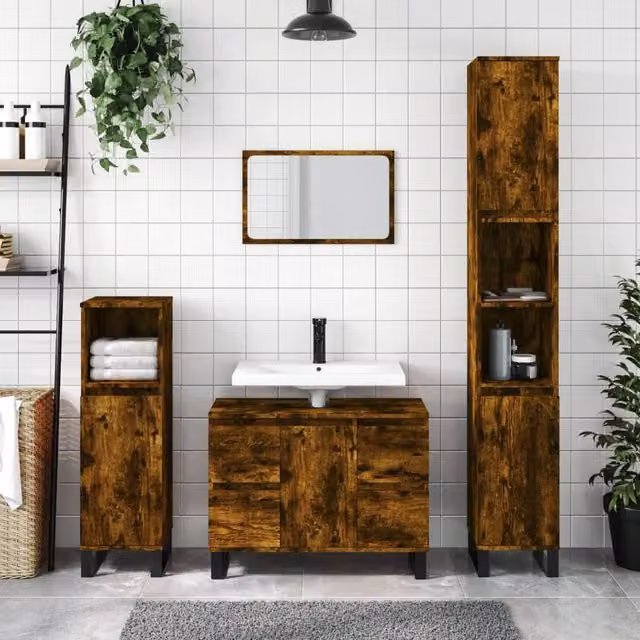 Berkfield Home Smoked Oak Bathroom Cabinet in Brown, W/D/H: 30 x 30 x 100 cm