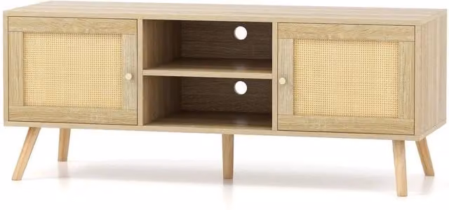 FORGEVIO Boho Rattan Media Console Table with 2 Cabinets and Open Shelves in Beige – 1
