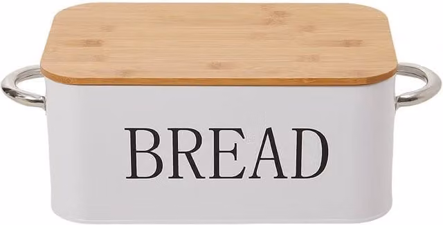 Living and Home Metal Bread Box in White with Reversible Bamboo Lid