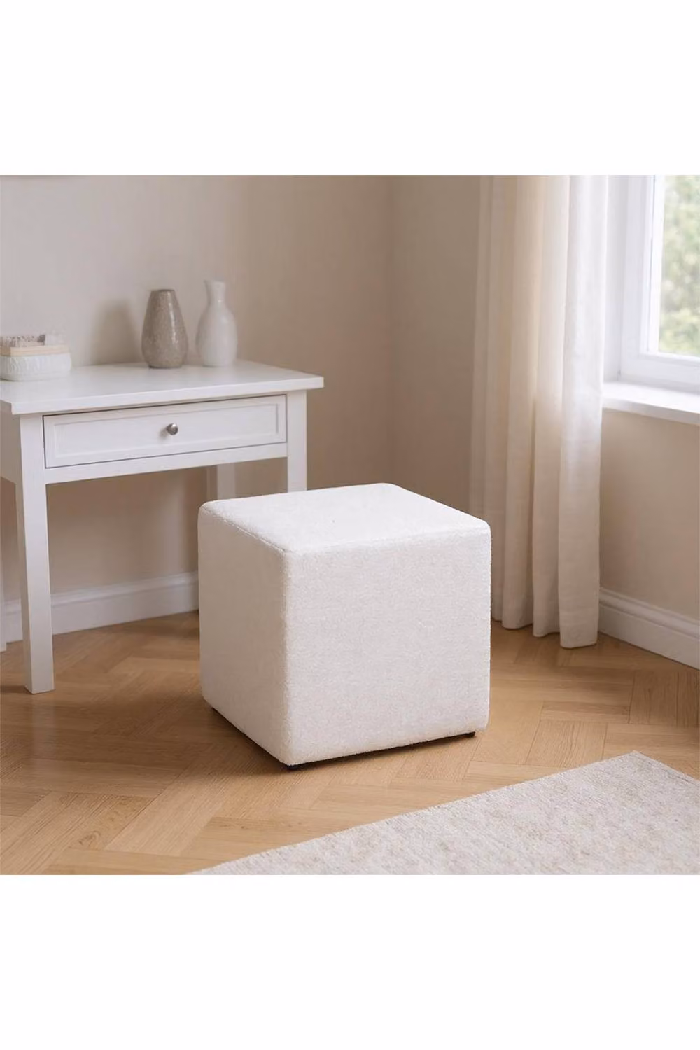 Living and Home White Teddy Fleece Upholstered Cube Footstool – 2