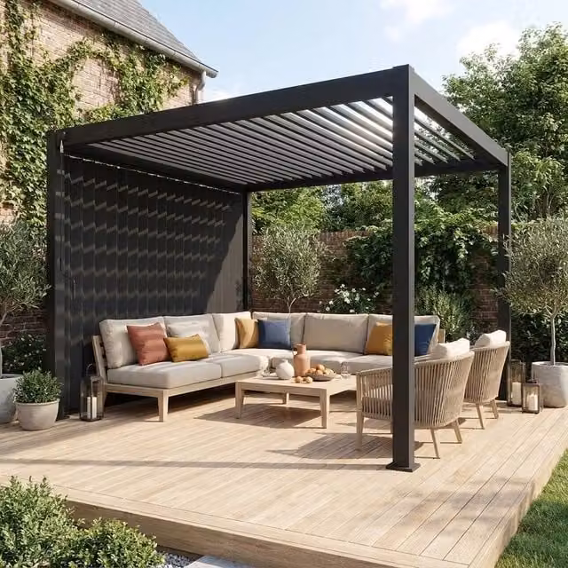 sweeek Louvered Pergola with Adjustable Vertical Louver Panel in Dark Grey, W: 400 cm, D: 300 cm, H: 255 cm