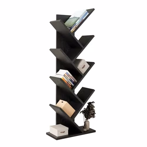 Bimossa Hitit Tree Bookcase in Black, Modern Wooden Freestanding Bookshelf with Multi-Compartment Storage, Height: 128.5 cm