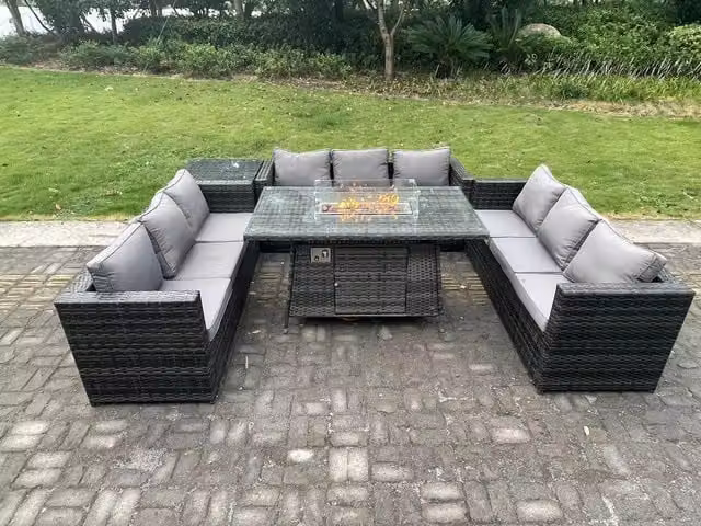 Fimous 9 Seater Rattan Garden Furniture Set with Gas Fire Pit Dining Table and Heater in Dark Grey