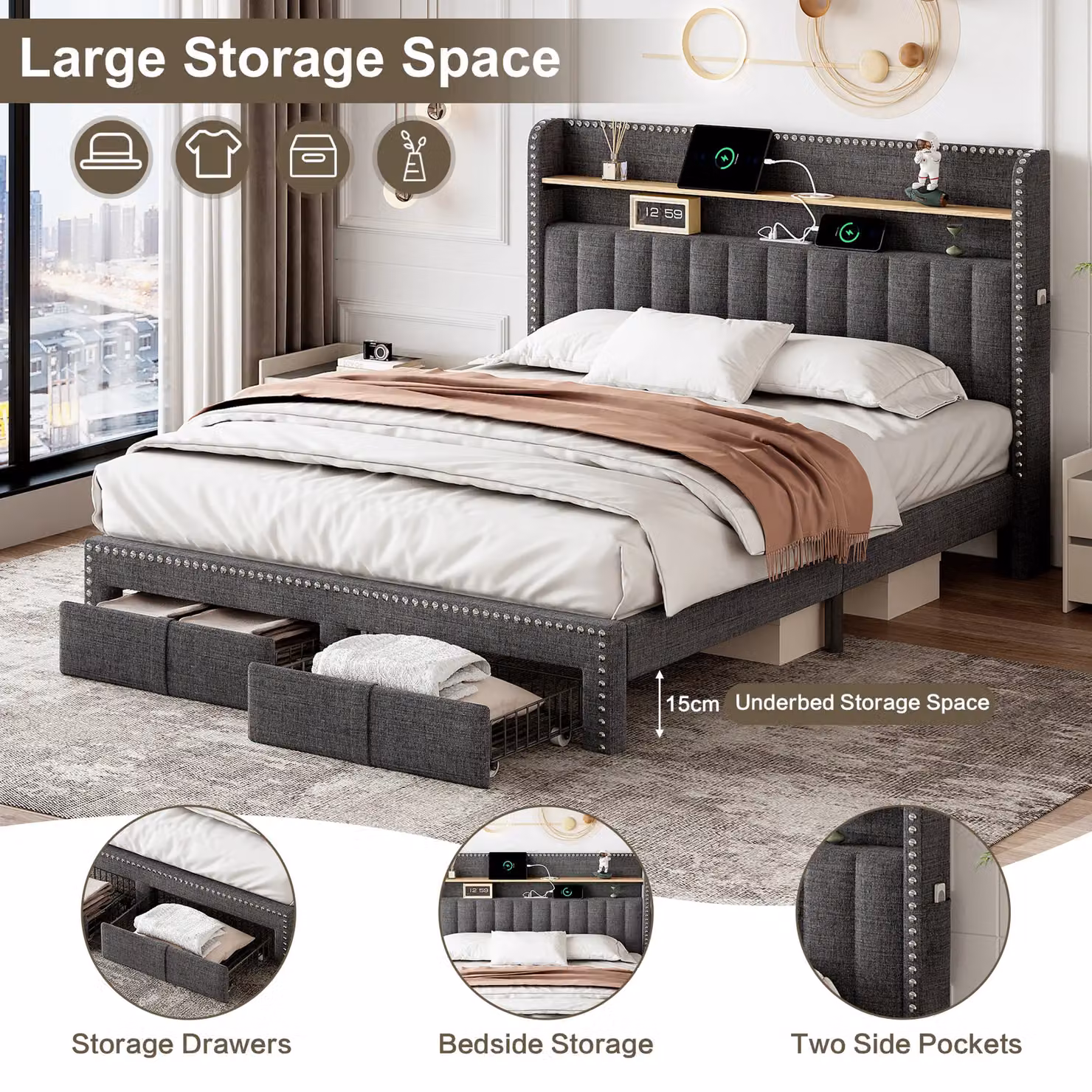 AKA Double Upholstered Bed in Grey with 2 Storage Drawers, Bedside Shelf and USB Charging Port, W/D/H: 140 x 200 cm – 2