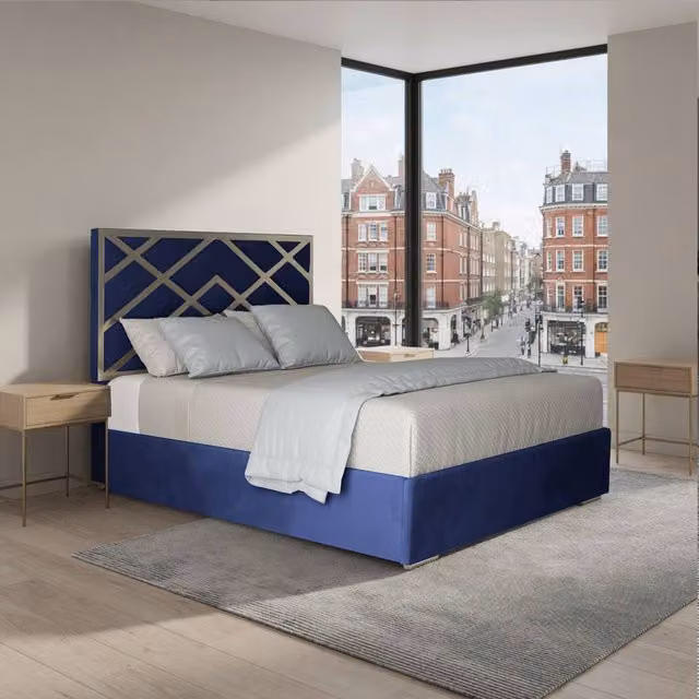 Casani Marden Upholstered Velvet Designer Bed Frame in Blue, W/D/H: 180 x 127 x 174 cm