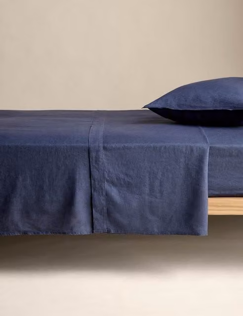 M&S Pure Linen Flat Sheet, Blue, W: 180 cm, D: 200 cm