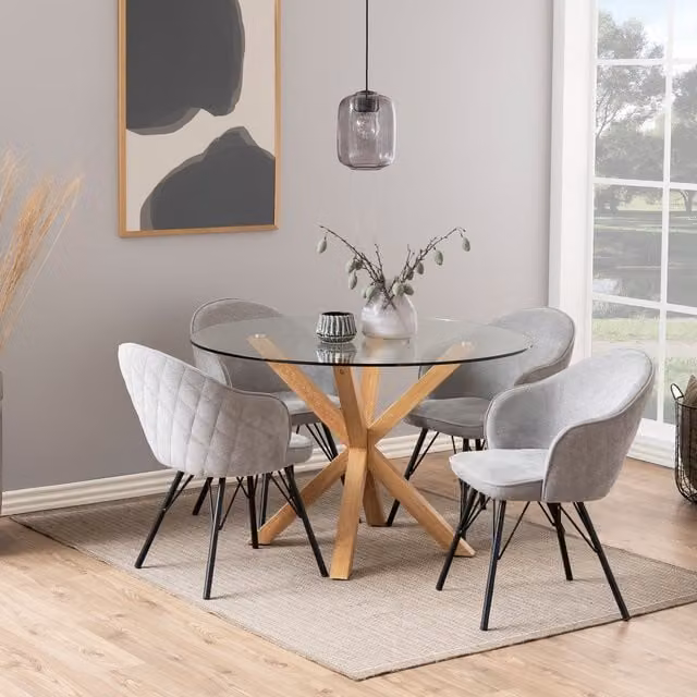 Furniture To Go Heaven Round Modern Dining Table with Glass Top and Oak Finish, Diameter: 119 cm, Clear/Black