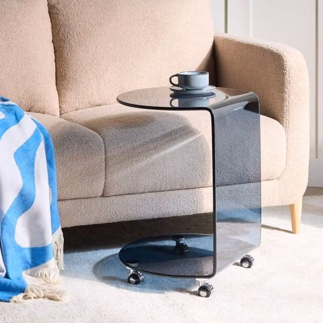Wyld and Coco Astra Round Blue Tempered Glass Side Table with Castors
