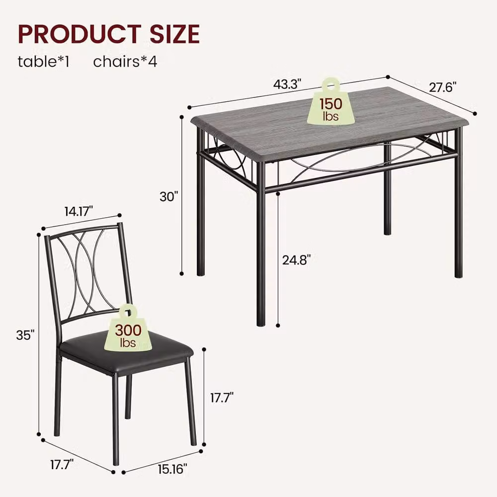 London Boutique 5-Piece Modern Dining Set with Rectangular Table and 4 Grey Upholstered Chairs – 3