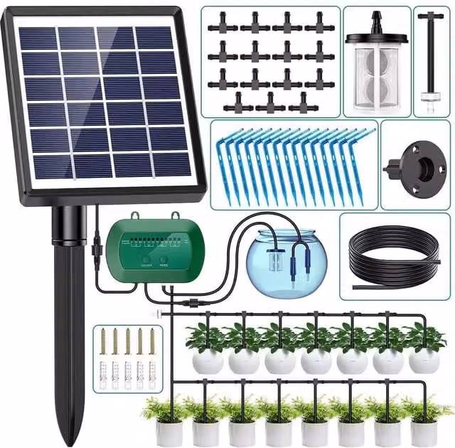 NESTLUNE Solar Drip Irrigation System with Timer, Black, 50ft