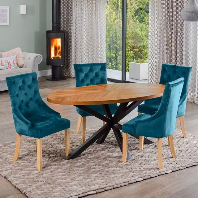 Artemis Home Dossena Oval Dining Table Set with 4 Ravenna Velvet Chairs in Petrol