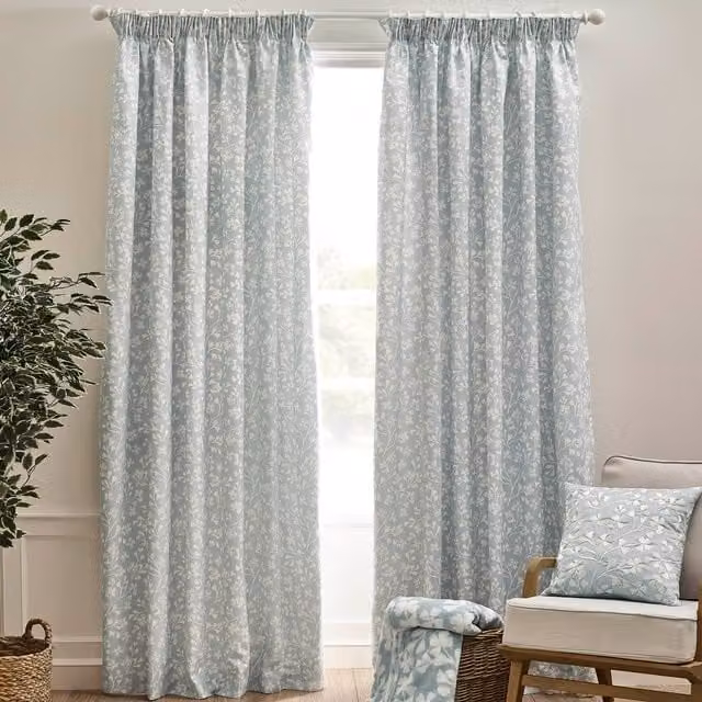 Catherine Lansfield Brooke Floral Ready Made Pencil Pleat Curtains in Duckegg Blue and White