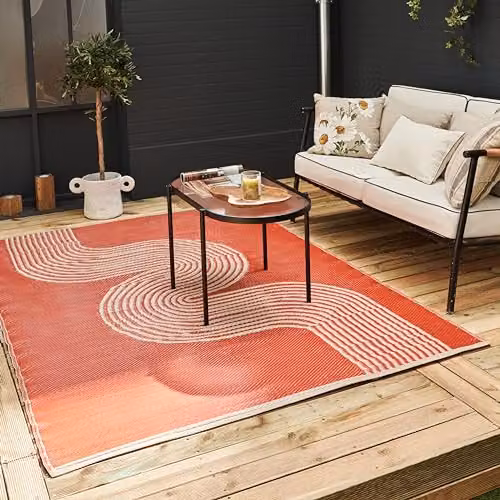 THE RUGS Urban Collection Outdoor Rug, Waves Terra and Beige, W: 90 cm, D: 150 cm