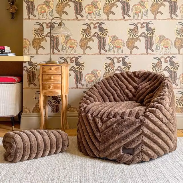 rucomfy Faux Fur Ribbed Zen Chair Bean Bag, Plush Lounge Seat in Brown