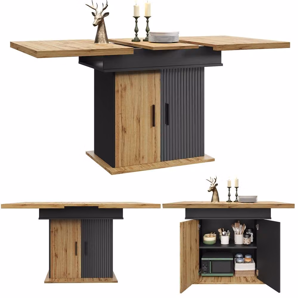 Merax Extendable Telescopic Rectangular Dining Table with Smart LED Light and Storage Base in Black – 3