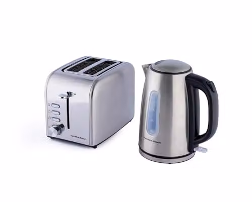 Hamilton Beach Kettle and 2-Slice Toaster Set in Brushed Stainless Steel with 1.7L Electric Kettle and 6 Browning Settings