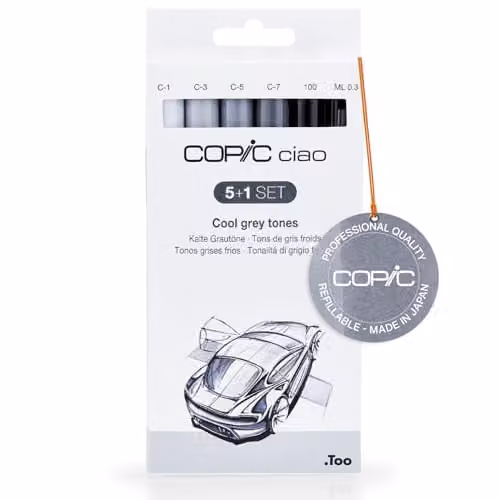 Copic Ciao Brush Tip Marker Pens, 6-Piece Grey and Black Tones Set – 1