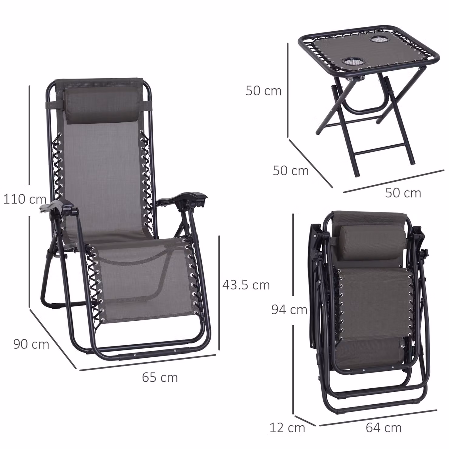 Outsunny 3-Piece Folding Zero Gravity Sun Lounger and Table Set in Dark Grey – 3