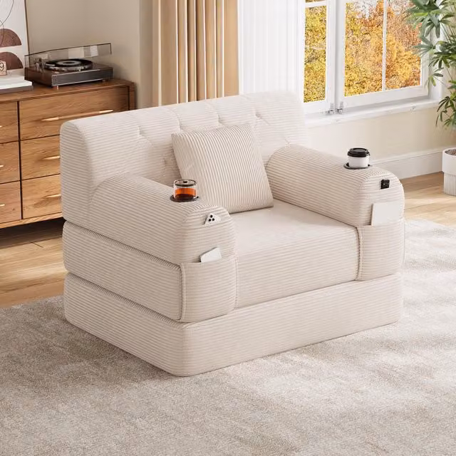 Aosom UK Convertible 1-Seater Sleeper Sofa Bed with Tufted Corduroy Upholstery in Beige, W/D/H: 80 x 107 x 81 cm