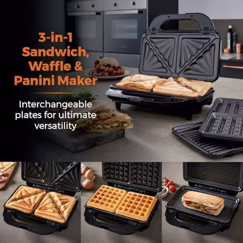 Tower 3-in-1 Snack Maker with Removable Ceramic Non-Stick Plates and Auto Shut-Off, 900W, Silver and Black – 8