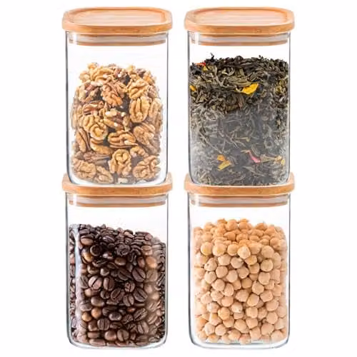 Argon Tableware 4 Pack Square Glass Storage Jars with Airtight Wooden Lids, 1.1 l, Transparent – 1