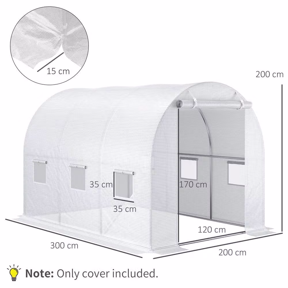 STILVORA White Plastic Greenhouse Replacement Cover with Roll-Up Windows, W 300 cm x D 200 cm x H 120 cm – 4