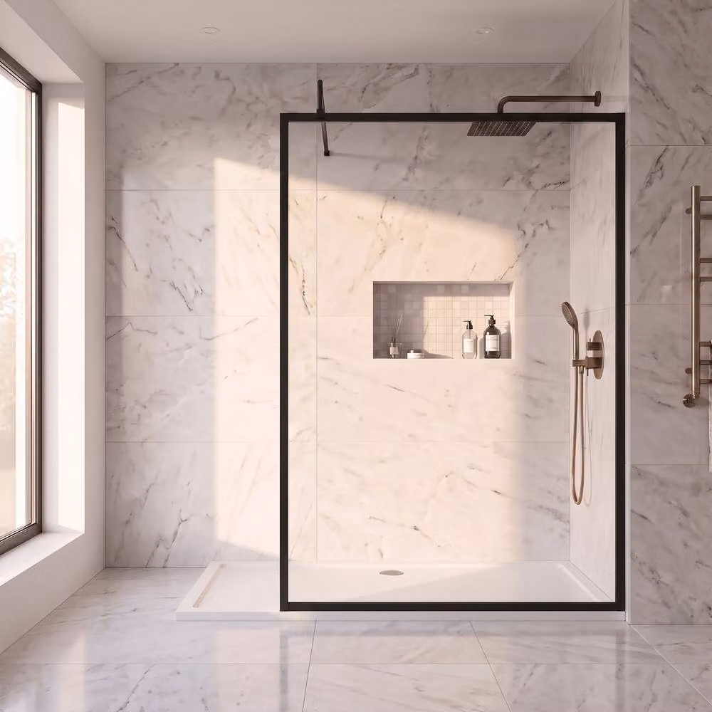 Balterley 8mm Single Panel Clear Glass Wetroom Screen and Support Bar in Black, W: 140 cm – 2