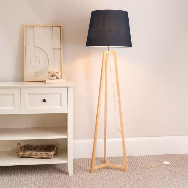 ValueLights Lottie Natural Wood Tripod Floor Lamp with Black Fabric Tapered Shade