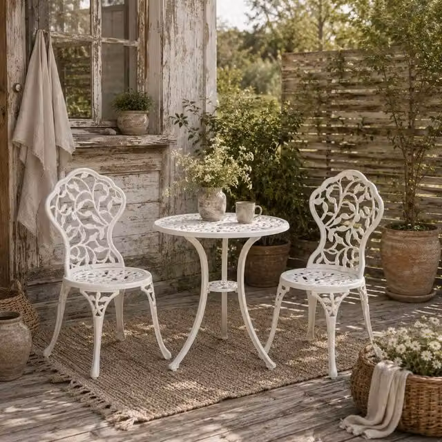 Wyld Haus Karipa 3 Piece Floral Cast Aluminium Bistro Dining Set in White – 1