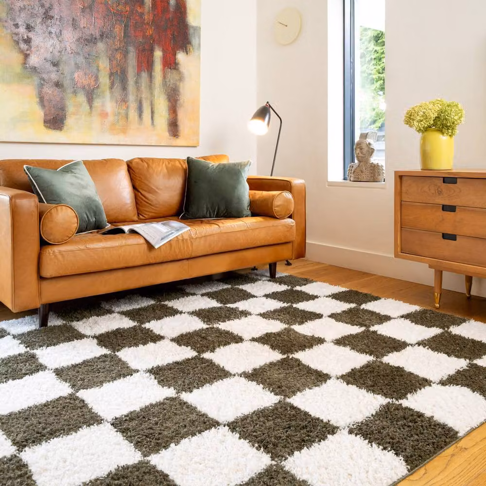 Kukoon Green and Beige Checkerboard Shaggy Living Room Area Rug W: 200 cm, D: 290 cm – 3