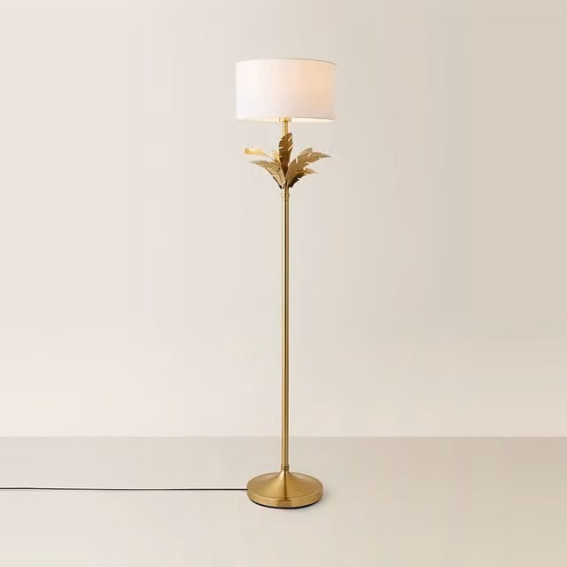 ValueLights Christina Palm Leaf Floor Lamp with White Fabric Drum Shade and Gold/Brass Details