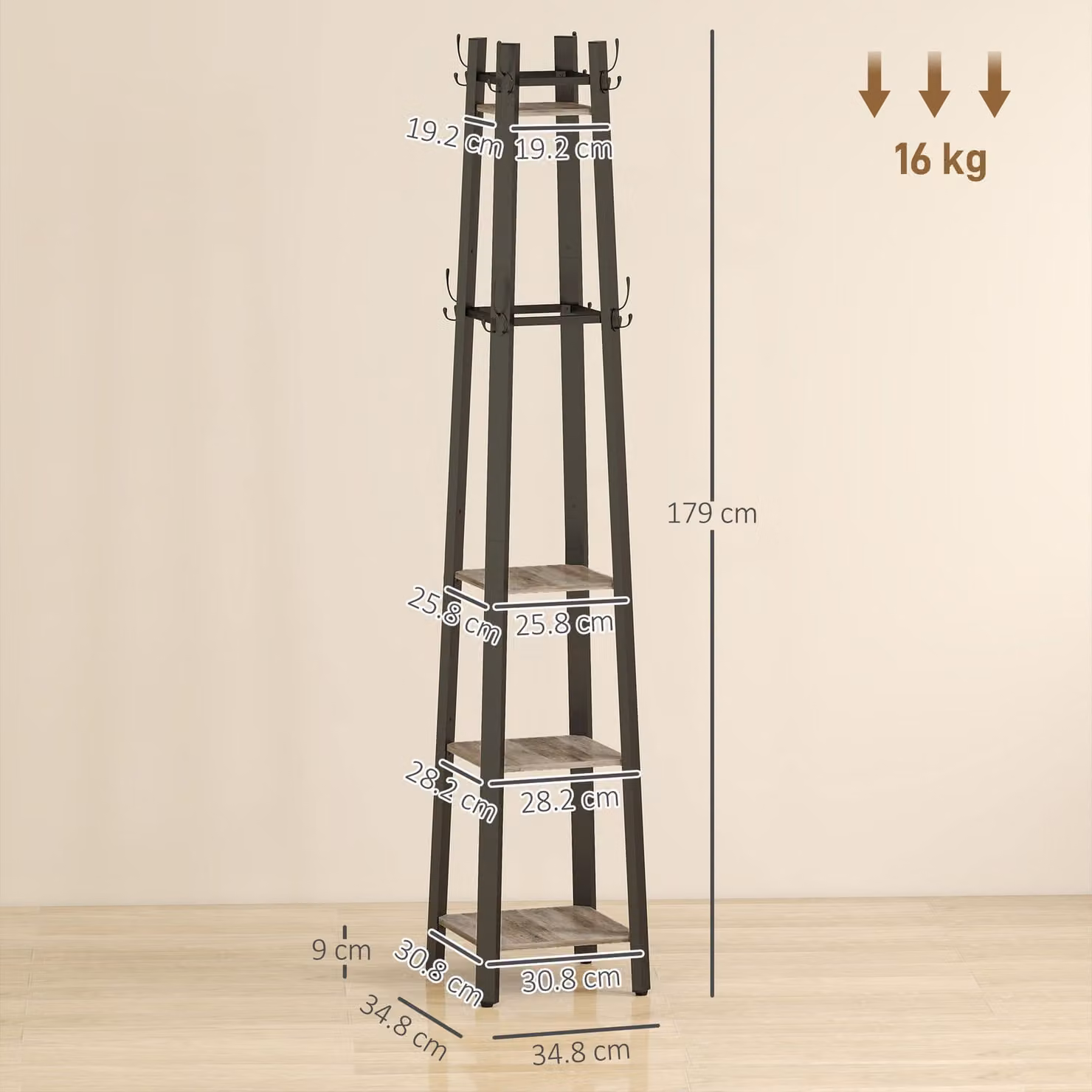 HOMCOM Industrial Coat Stand with 8 Hooks and 4 Shelves in Grey and Black – 3