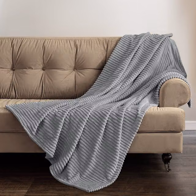 Velosso Grey Cord Ribbed Plaid Blanket Throw W/D: 150 x 200 cm