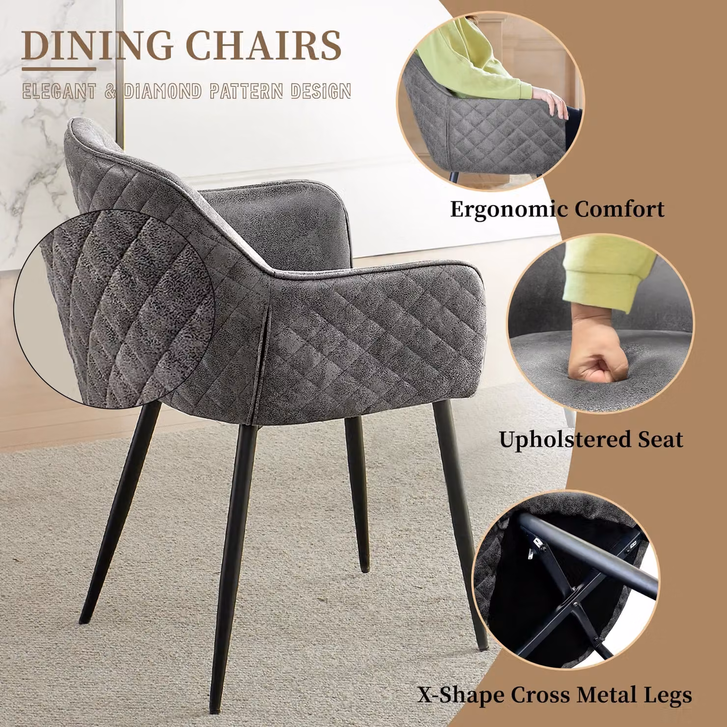 SONARA Dark Walnut Round Wood Dining Table with 4 Grey Faux Suede Dining Chairs Set – 3