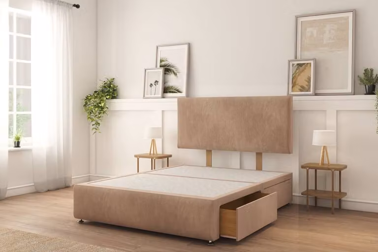 Sloomy Sterling Tweed Divan Bed Set with 2 Drawers on Left Side, 26 inch Strutted Headboard and 12 inch Matching Footboard, Light Brown, W/D/H: 90 x 200 cm, Single